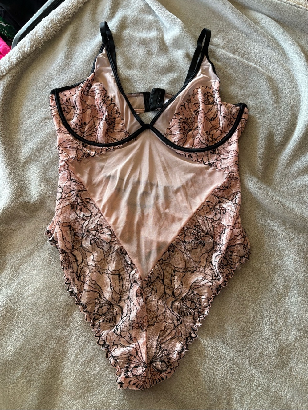 Auden Pink Lace Bodysuit with Black Trim